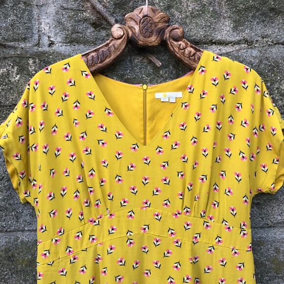 Boden Yellow Floral Midi Dress Short Sleeve V Neck Pockets Plus 14 - Picture 4 of 7